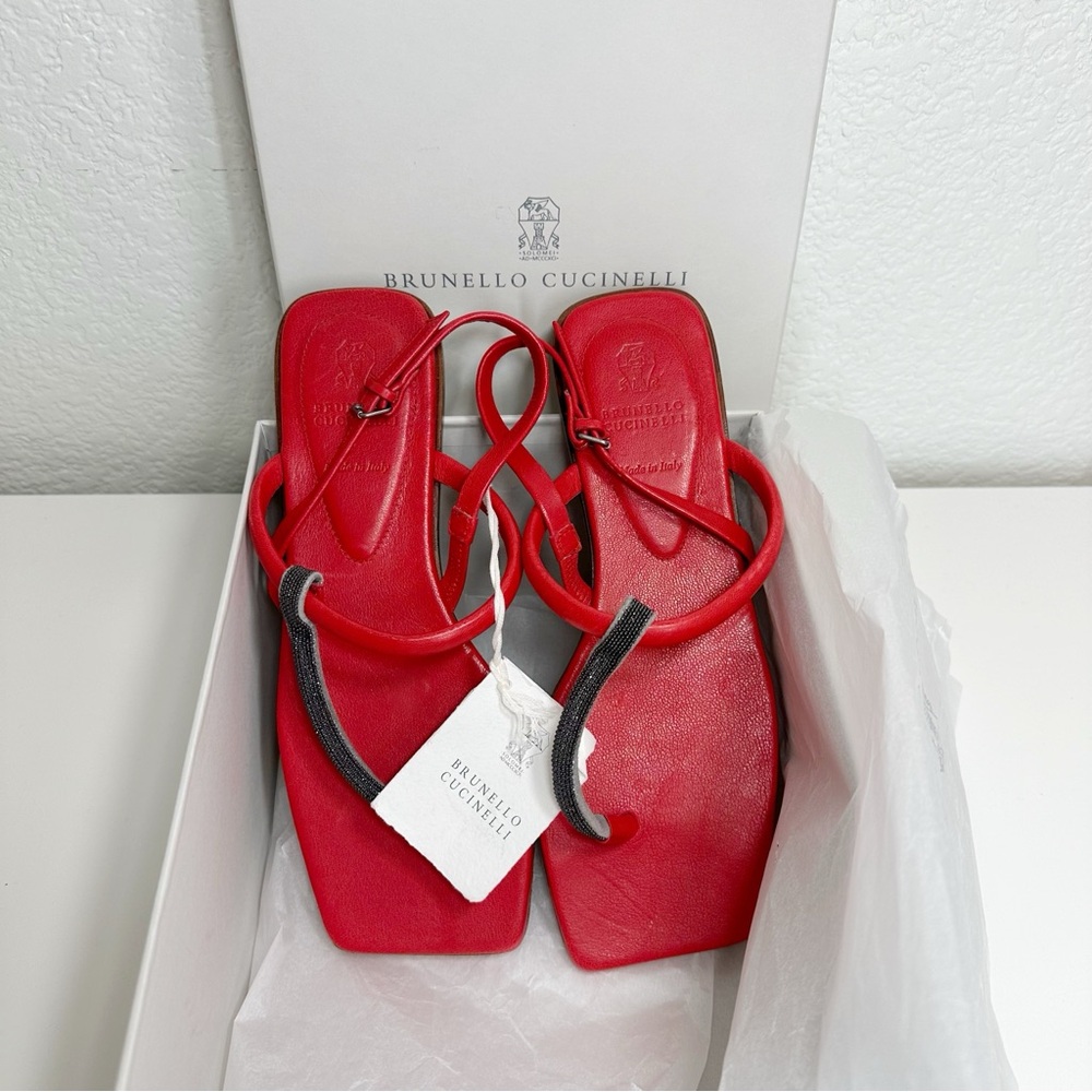 Brunello Cucinelli T Strap Flat Sandals Womens 37 Red Monili Trim Shoes